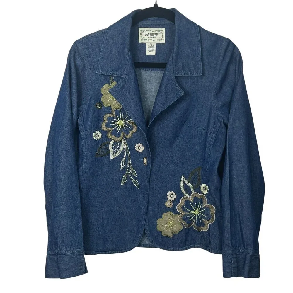 Tantrums Women's PS Blue Denim Floral Embroidered Beaded Blazer Jacket Cotton - Picture 2 of 14